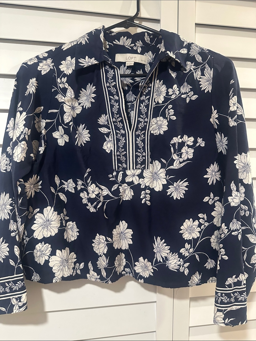 LOFT Navy and White Floral Split V Tunic